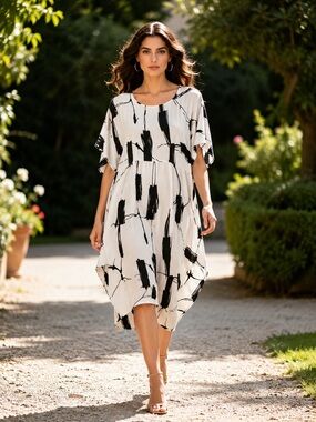 B12. From Italy 🇮🇹 Linen blend Brushstroke Midi Dress